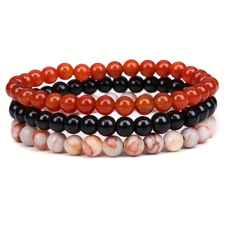 Men's & Women's 6mm Natural Stone Beads Bangle Bracelet Set